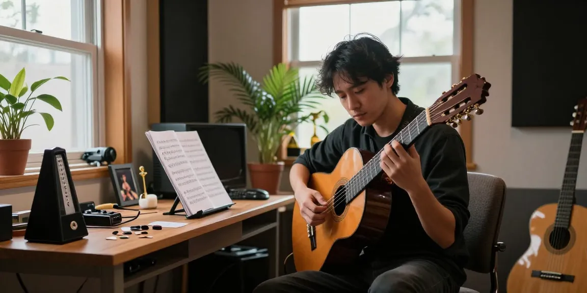 Aspiring musician enjoying classical guitar lessons online in a cozy studio, focused on sheet music and guitar.