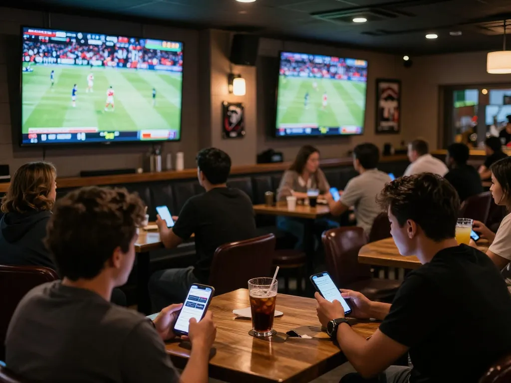Betting excitement at 388bet sports bar with fans using apps during live games