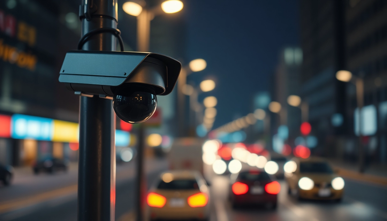 Efficient automatic license plate recognition camera monitoring vehicles in a city at night.