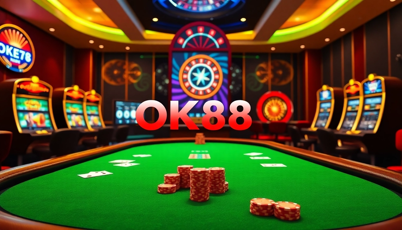Experience thrilling action at OK88 casino with vibrant poker chips and elegant slot machines.