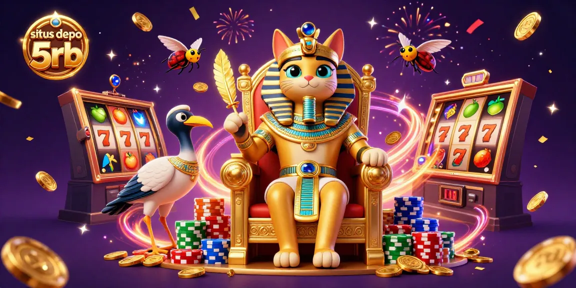 Spin for big wins at situs depo 5rb, showcasing a vibrant scene of 3D cartoon cats and casino elements with slots and poker.