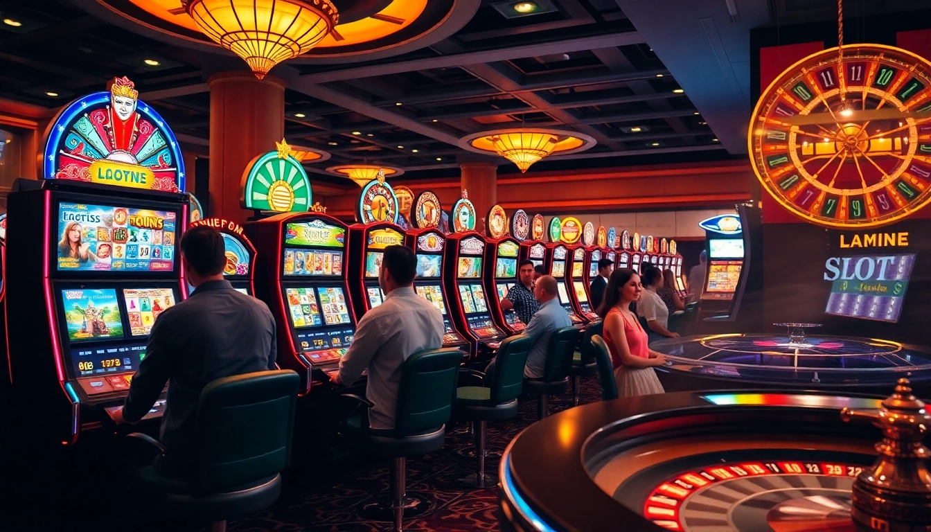 Experience the thrill of Slot Online with colorful machines and excited players in a luxurious casino setting.
