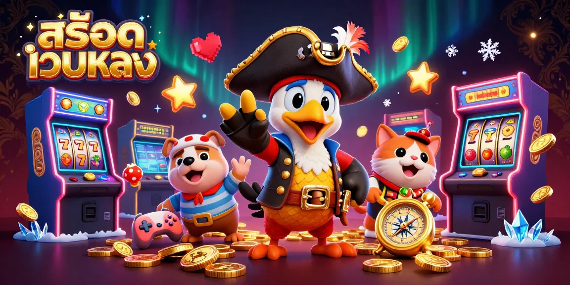 Engage with สล็อตเว็บตรง in a vibrant pirate-themed 3D casino scene featuring colorful arcade games.