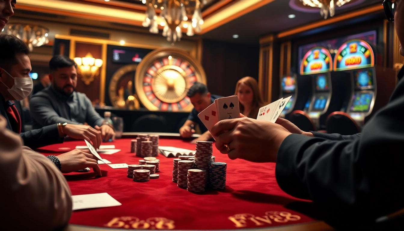 FIVE88 poker players engaged in an intense game at a luxurious casino table.