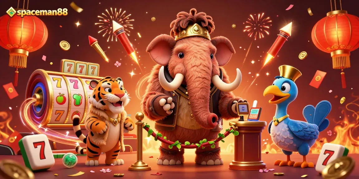 Join the fun at spaceman88 with a vibrant casino scene featuring a woolly mammoth bouncer, a saber-tooth VIP, and exciting slot animations.