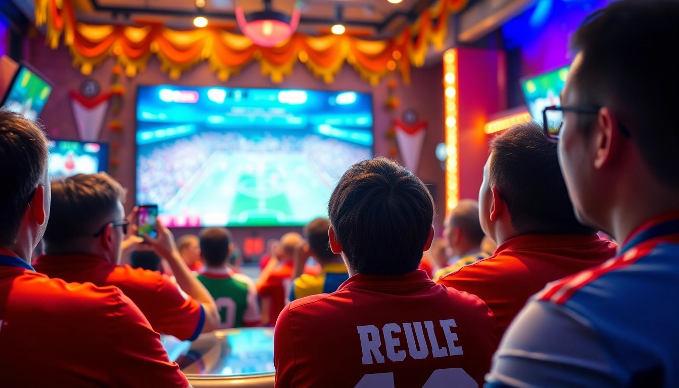 Menampilkan bolakami streaming di bar olahraga yang ramai dengan penggemar penuh semangat.