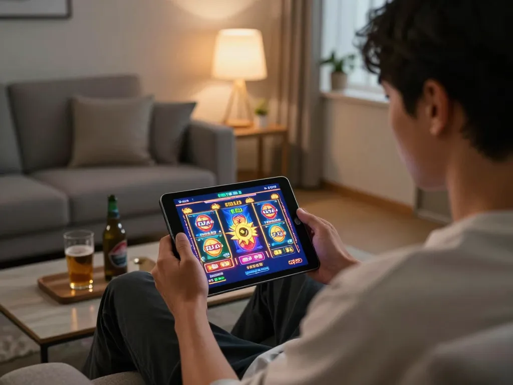 Engaging in slot gacor gameplay on a tablet in a cozy living room.