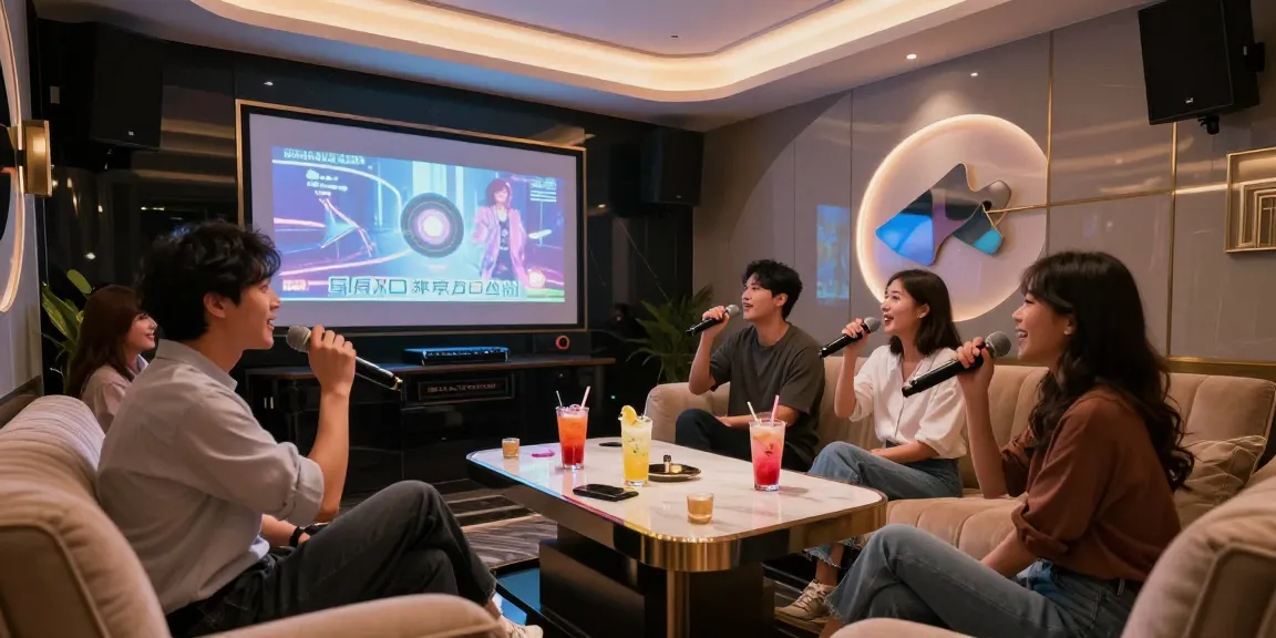 강남 가라오케의 화려한 프라이빗 룸에서 친구들이 노래를 즐기고 있는 모습.