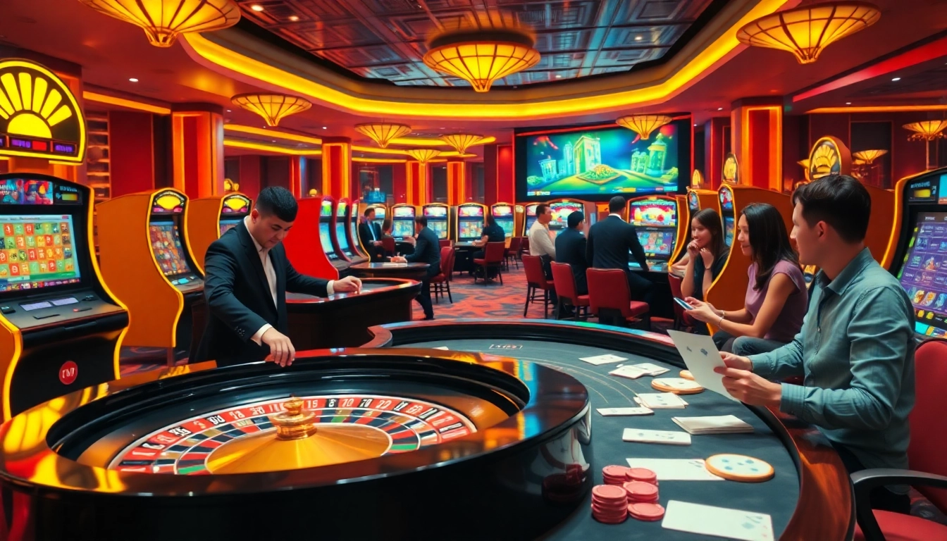 Joueurs engagés profitant des jeux de casino en ligne avec une décoration vibrante et des activités de pari passionnantes.