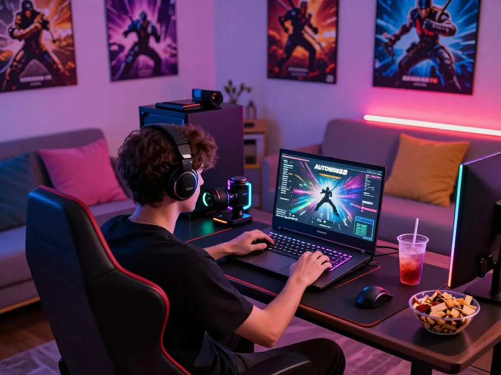A player engaging with AUTOWIN88 in a vibrant online gaming setup with LED lights and snacks.