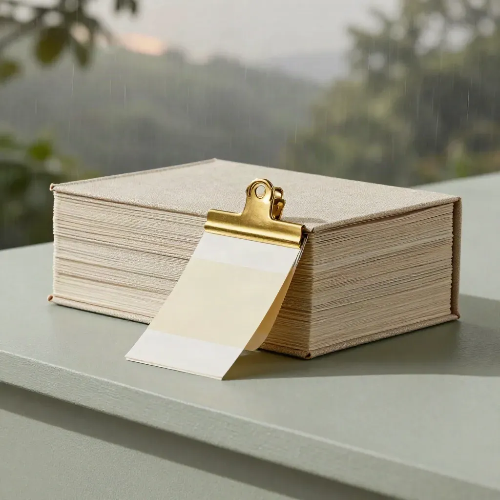 Linen font playbook box with sample cards, swatches, and brass clip on a sage plinth.
