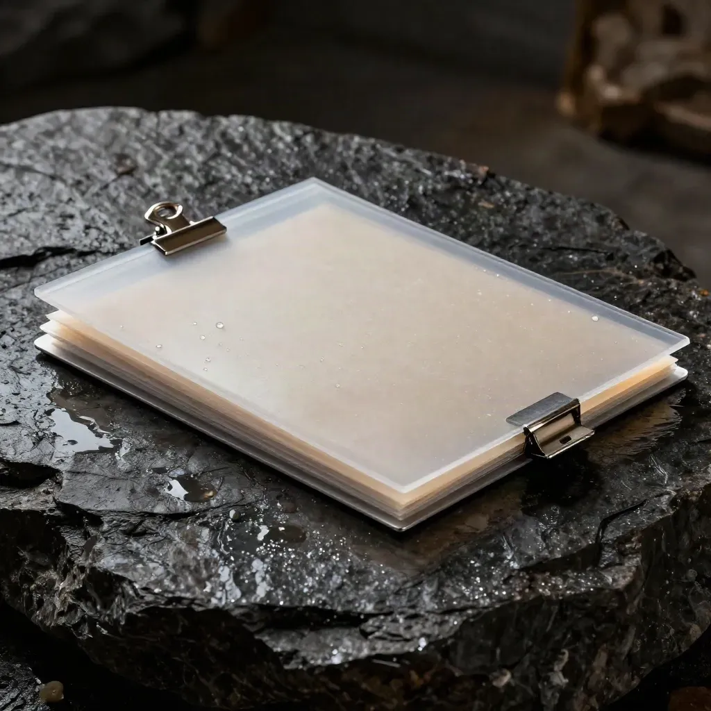 Translucent archival sleeves sliding on wet basalt with rain beads and brushed metal edges.