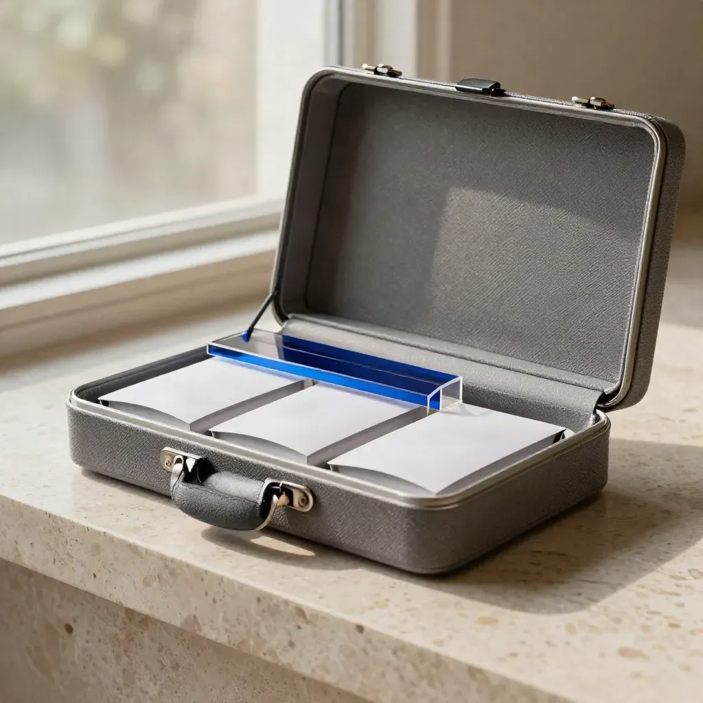 Open brand-launch bundle case with sleeves and acrylic divider on a stone ledge in soft window haze.