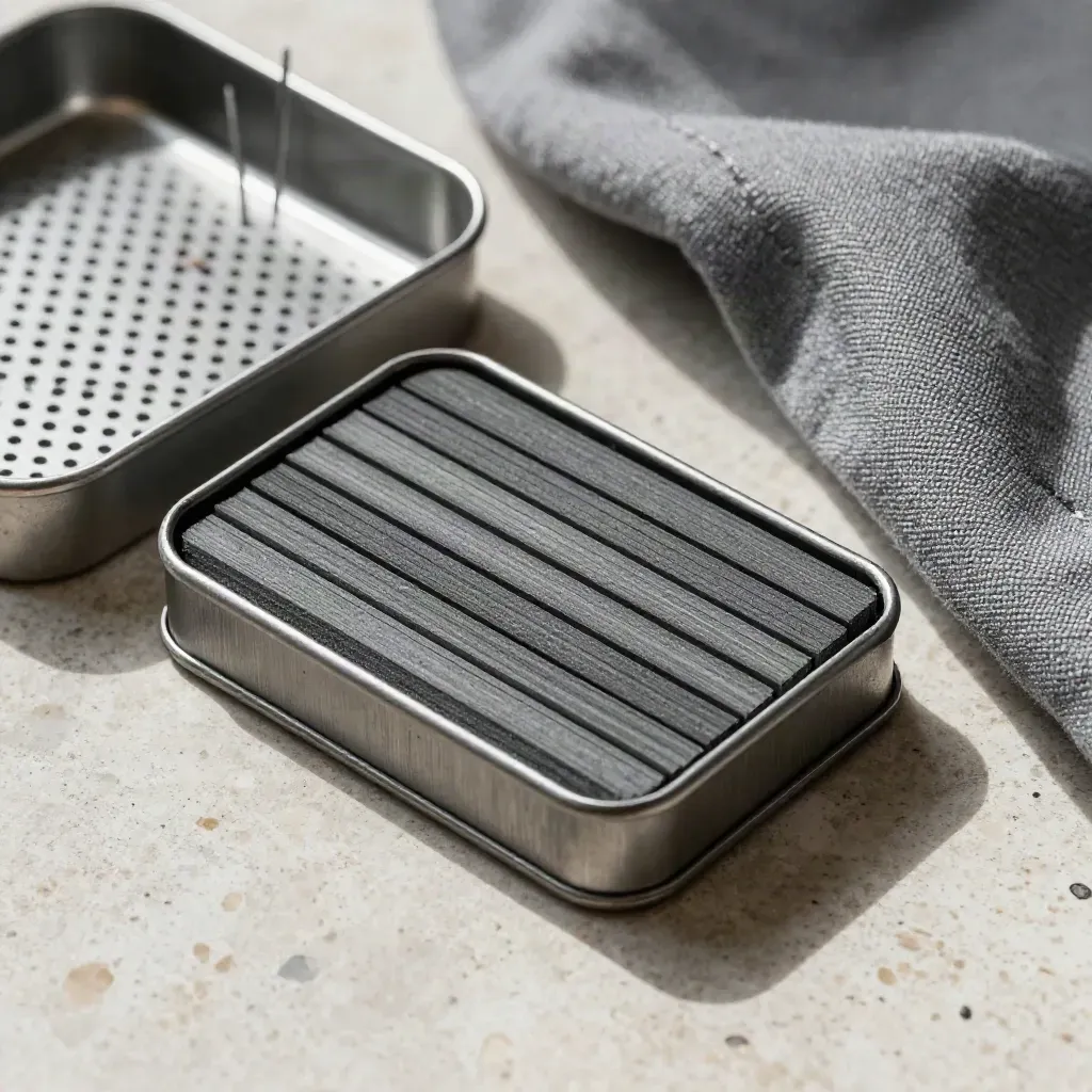 Graphite utility tin, specimen strips, perforated tray and folded cloth on pale travertine.
