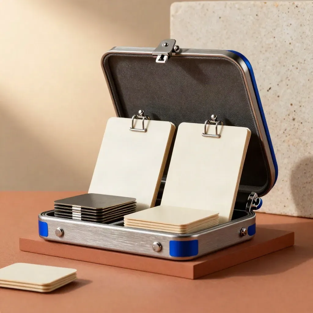 Open specimen case with fanned font chips, curved stand and sample cards on terracotta.