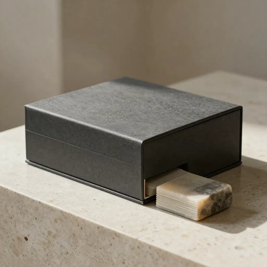 Dark proof box with sleeve, specimen stack, and stone stop on travertine plinth.