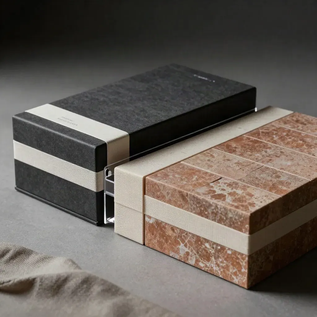 Two boxed font sets tied with linen, fanned apart with sample tiles on a dark studio surface.