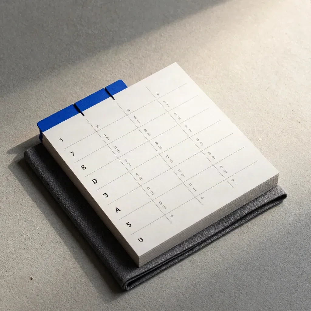 Overhead flatlay of tabbed font cheat-sheet cards and folded graphite cloth on pale concrete.