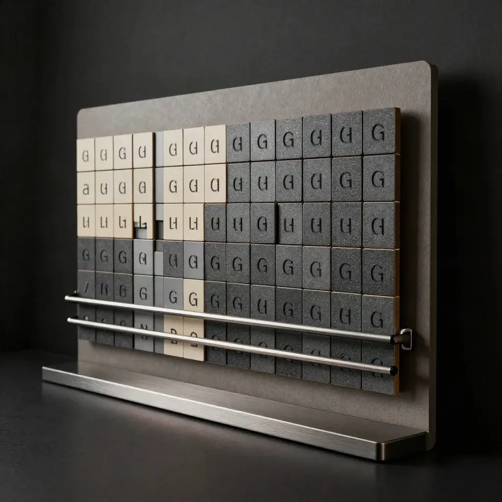Low-angle modular wall chart with rotating tiles, rail, and base plinth in a dark studio.