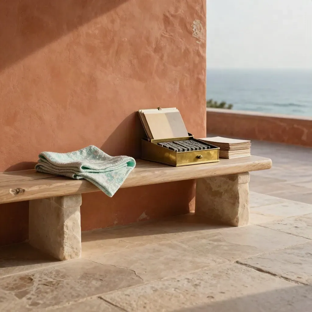 Sandstone terrace at golden hour with bench, folded textile, and sea haze.