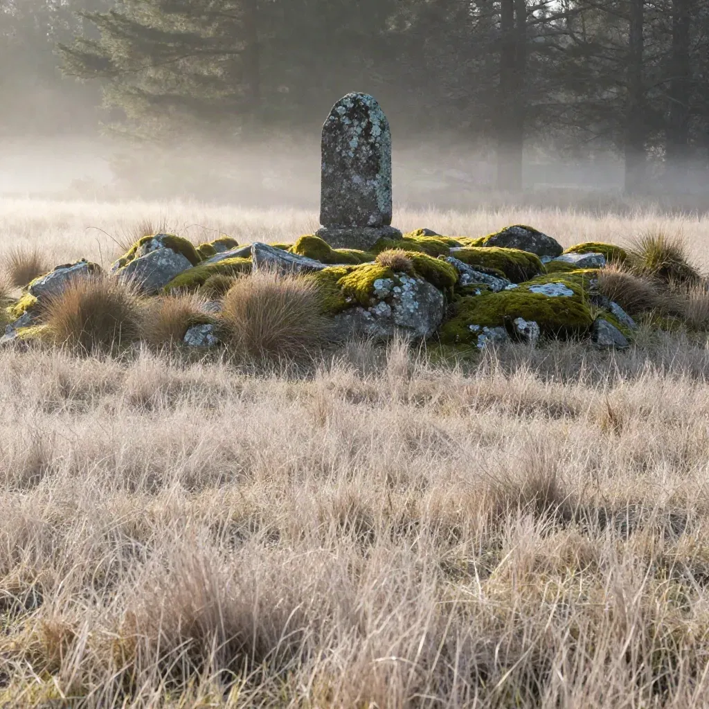 Misty mossy clearing with a weathered stone plinth, soft grasses, and blurred pines at dawn.