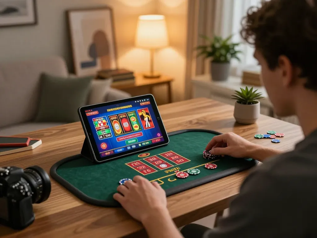 Engaged player enjoying FCM99 free credit on a tablet at home, showcasing live casino gameplay