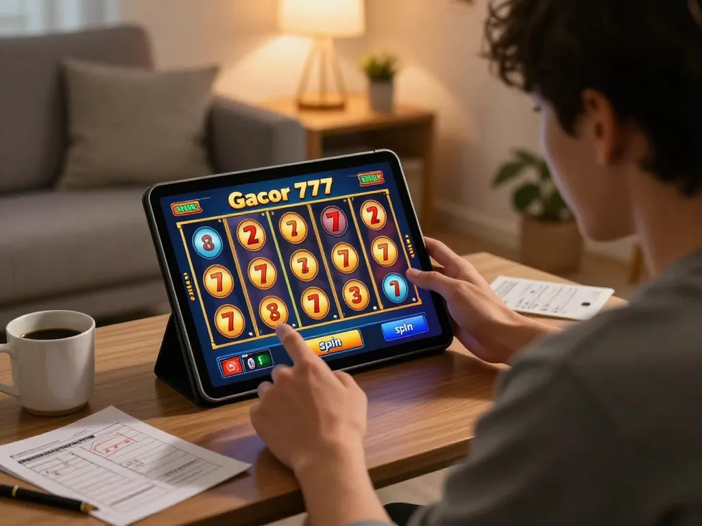 Engaged player spinning the reels on a slot gacor 777 game in a cozy living room.
