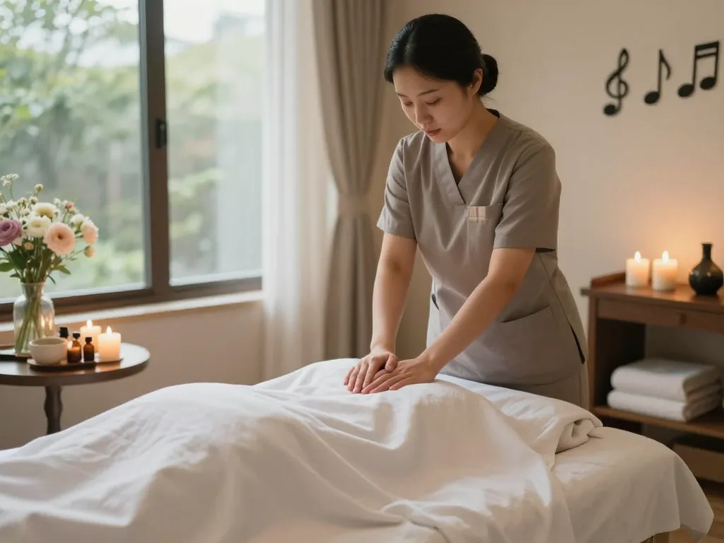 Relaxing 강남마사지 in a serene spa setting with candles and soft lighting.