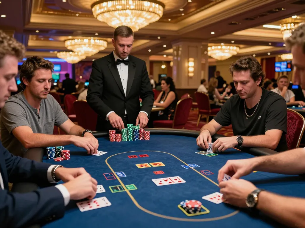Engaged players at the 789WIN poker table place bets in a vibrant Las Vegas casino