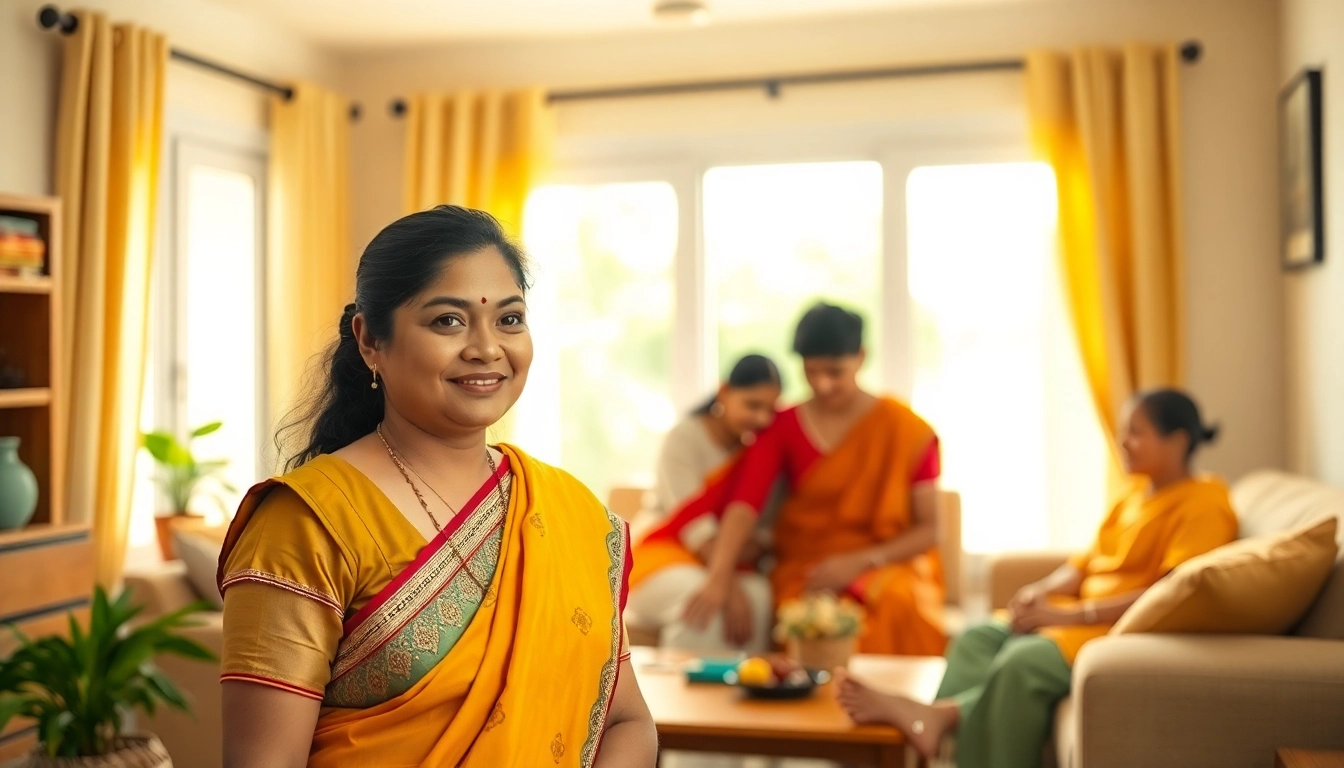 Indian maid from Mizoram assisting in a family's home, showcasing traditional attire and warmth.