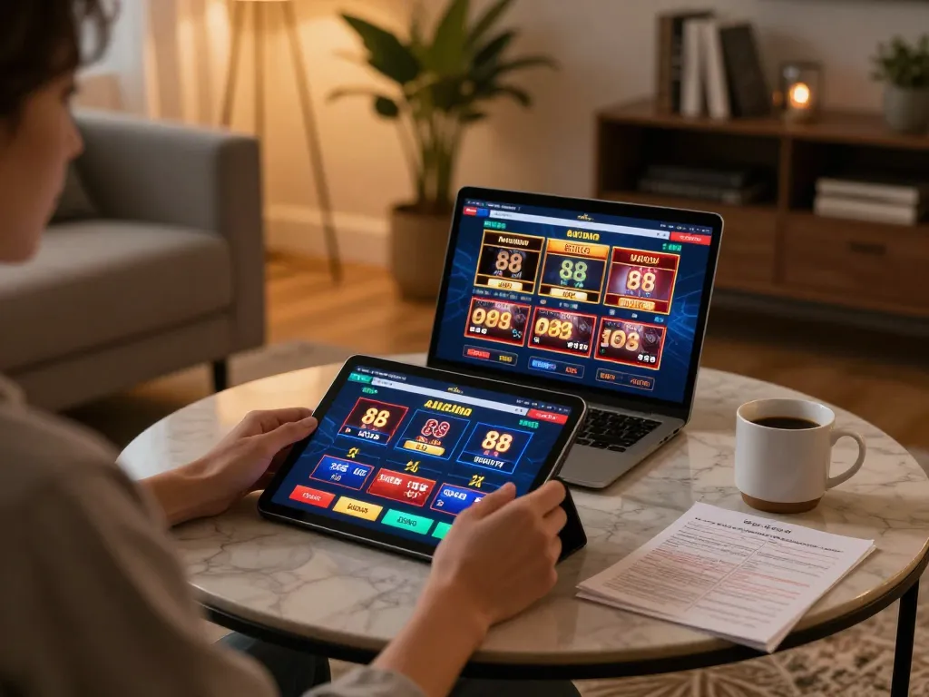 Engaging online gambling session showcasing w 88 games on a tablet in a cozy, stylish setting.