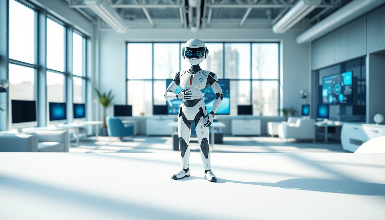 AI avatar representing innovation and creativity in a modern workspace setting.
