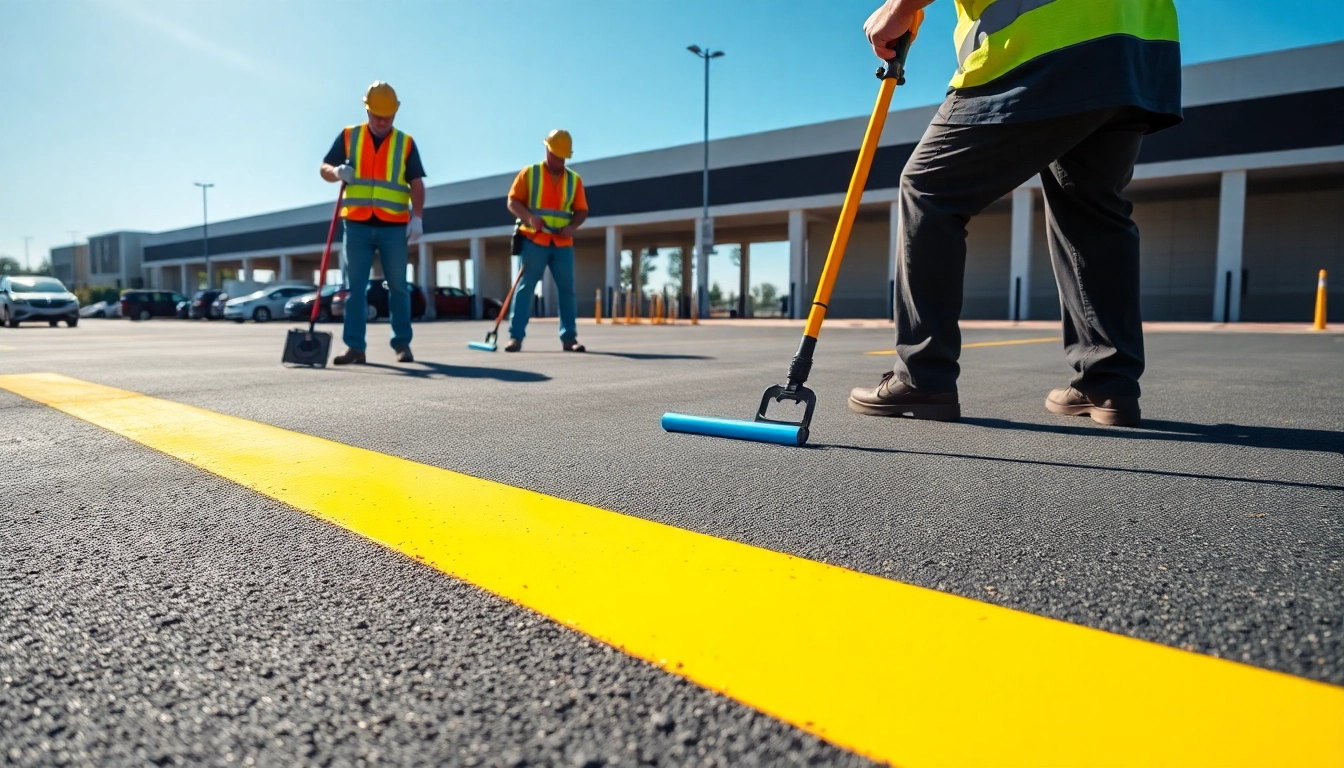 Painting bright parking lot striping I-55 corridor Jackson MS, showcasing precision and professionalism.