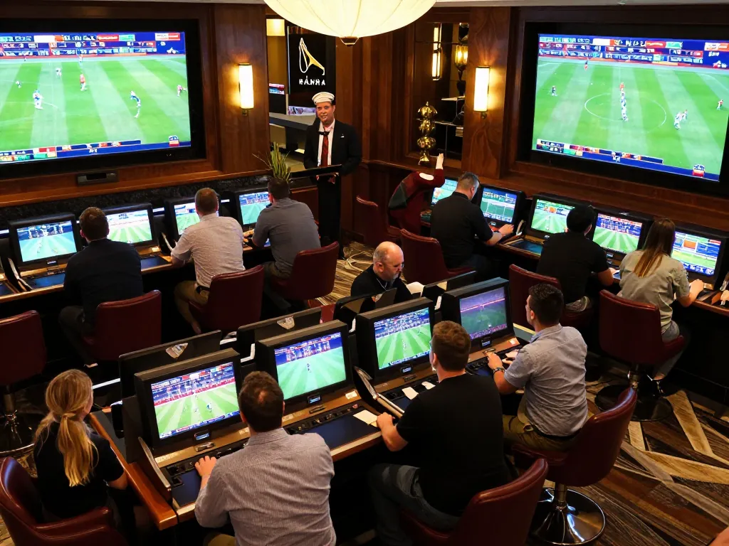 Engaging sports betting experience at OKWIN TV, with lively patrons placing bets during live matches.