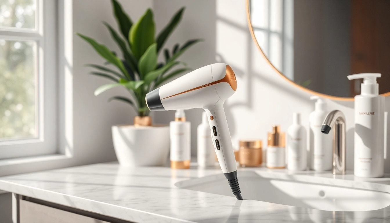 Transform frizzy hair with a professional frizzy hair dryer on a stylish countertop.