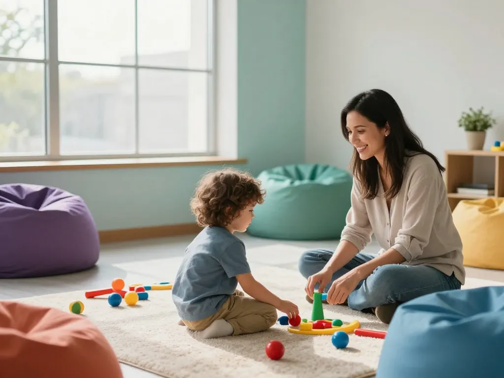 Child actively participating in therapy at Advantage Therapy center, surrounded by sensory toys and a supportive environment.