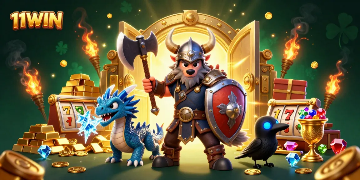 Experience thrilling wins at 11WIN with an engaging 3D illustration of a Viking warrior, treasure, and slot elements.