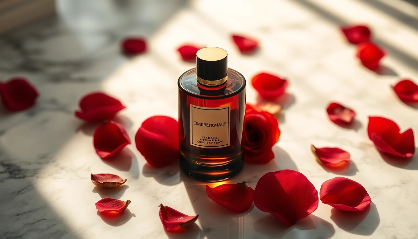 Experience the luxurious Ombre nomade fragrance captured in a stunning setting with rose petals and oud wood.