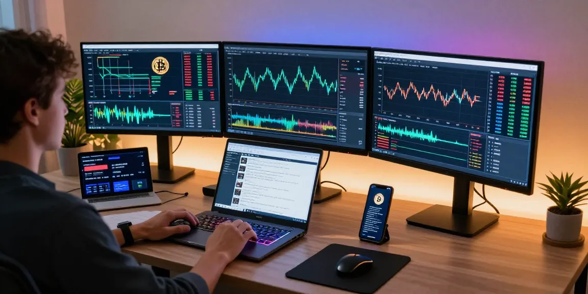 bitcoin mining contract displayed on multiple screens with cryptocurrency trading tools and a digital wallet in a professional workspace.
