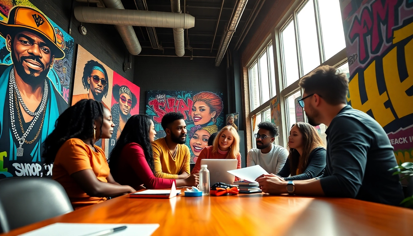 Vibrant workspace of a top hip hop PR firm with diverse publicists brainstorming creatively.