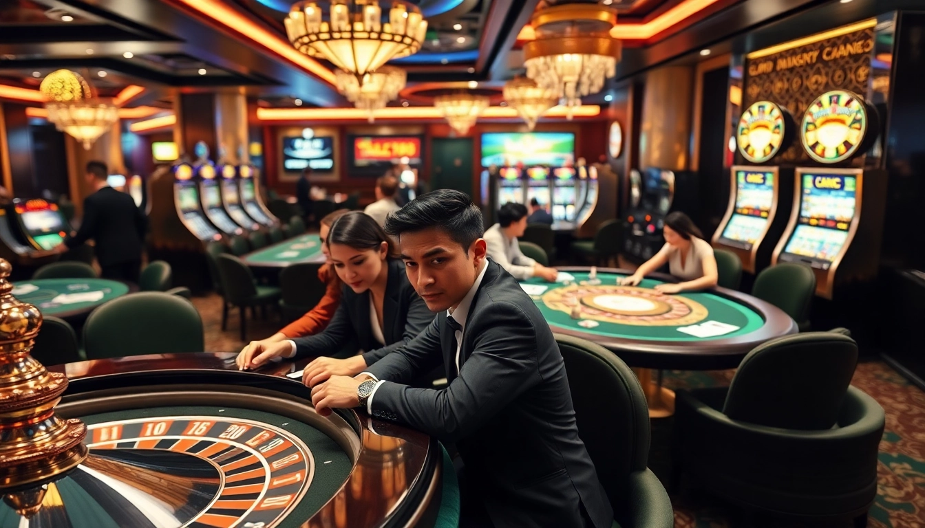 Experience thrilling gaming at EV88 with luxurious slots and poker tables in a vibrant casino setting.