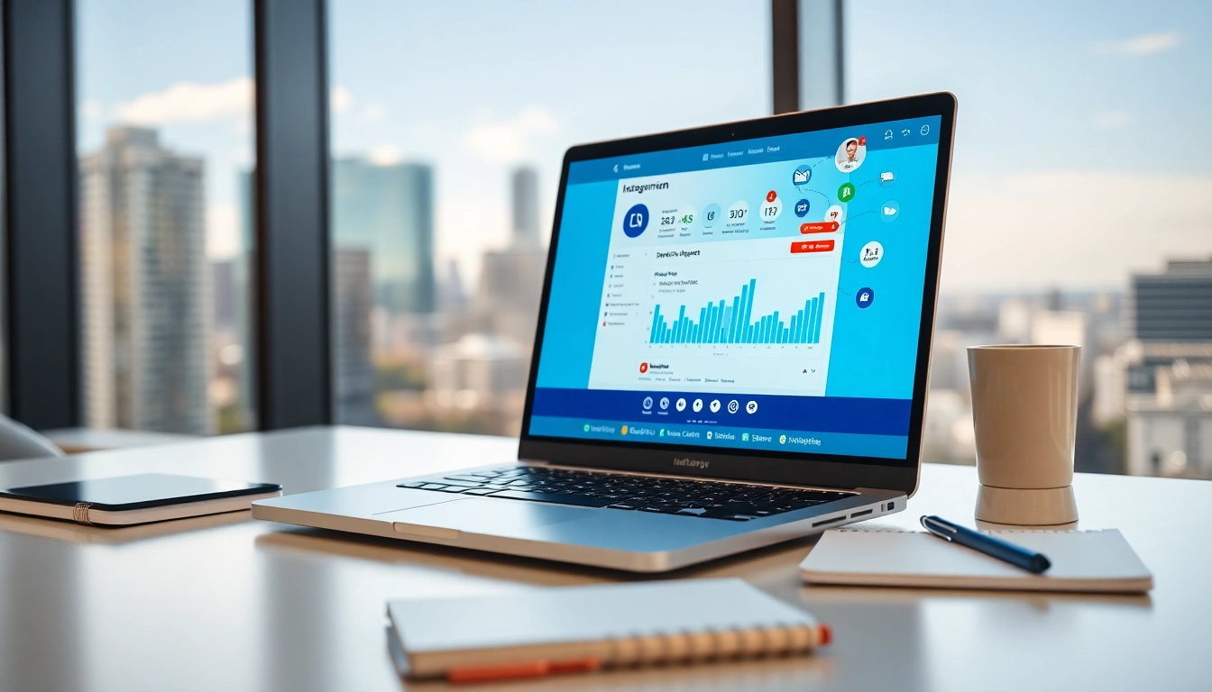 Optimizing performance with Instagram smm panel interface on a laptop in a vibrant digital workspace