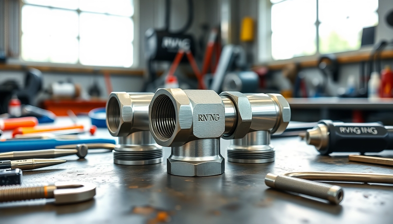 Showcase RVNG Swivel AN Fittings with intricate details in a bright workshop setting.