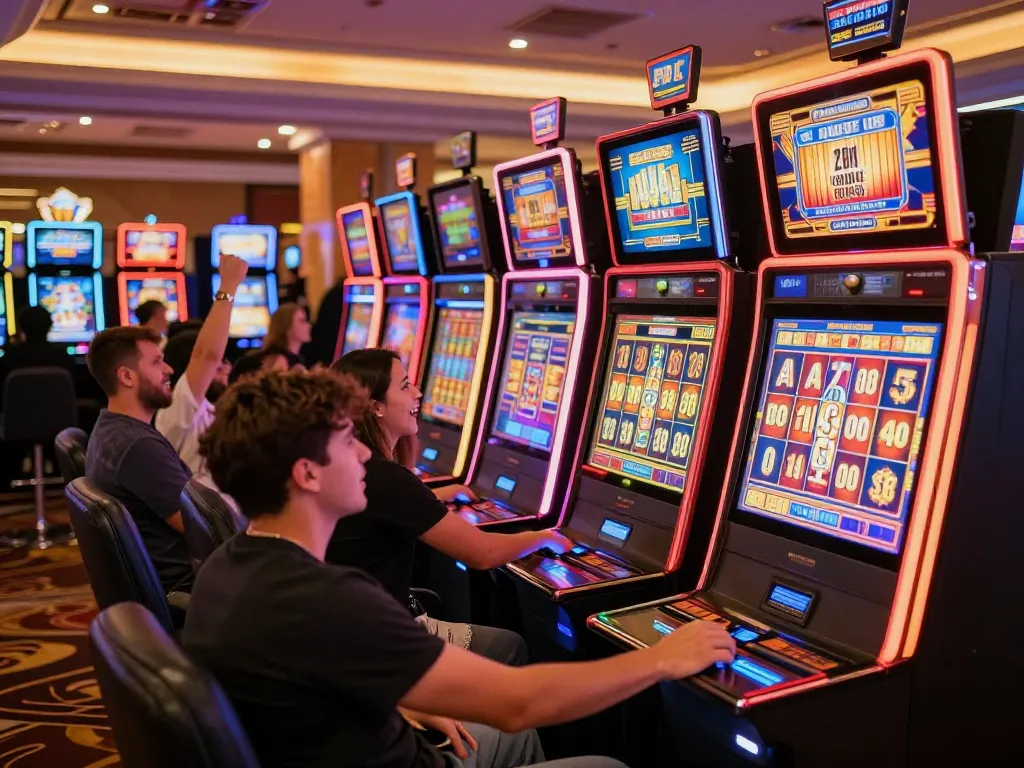 Players celebrating a win at XO88 slot machines, showing vibrant energy and excitement in a casino.