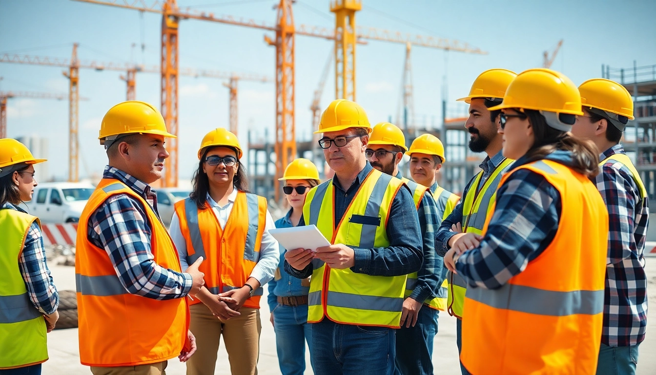 Engaged workers in construction site safety training demonstrating safety practices outdoors.
