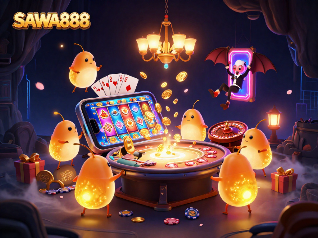 Experience the vibrant SAWA888 casino atmosphere with glowworms and a bat dealer in a mystical setting.