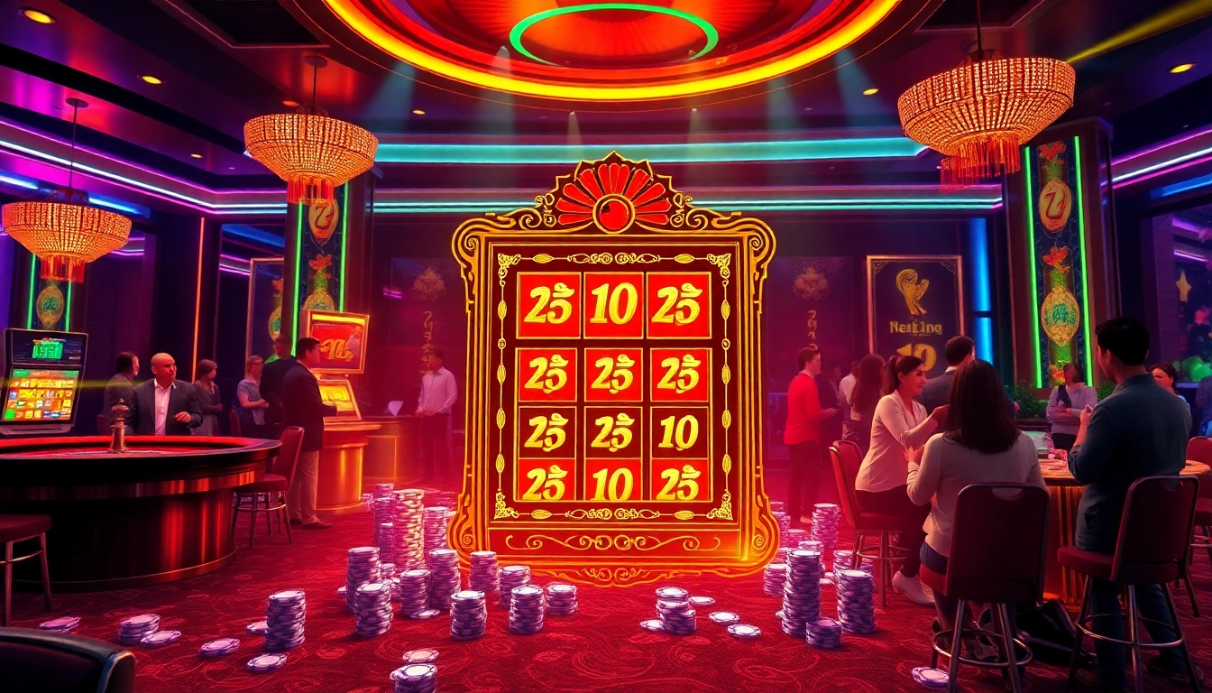 Spin the exciting nổ hủ slot machine surrounded by vibrant casino ambiance for thrilling wins.