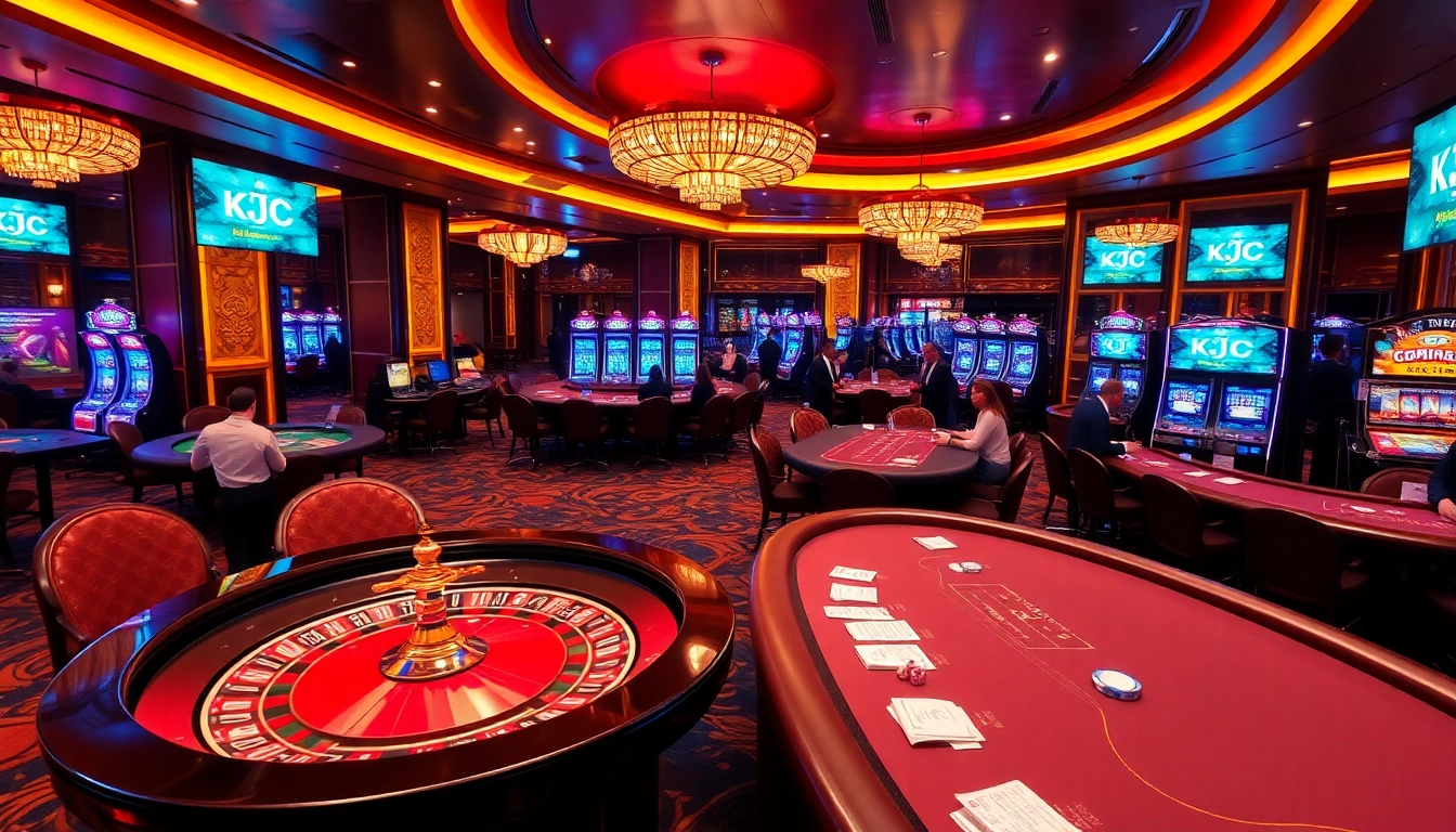 KJC casino players engage at roulette and poker tables in a luxurious, vibrant setting.