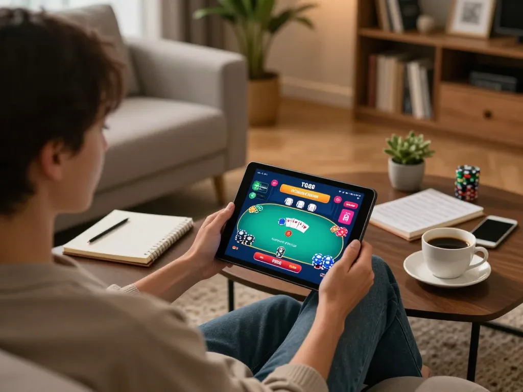 Enjoying a poker game on TG88 with a cozy home setup featuring a tablet and strategic notes.