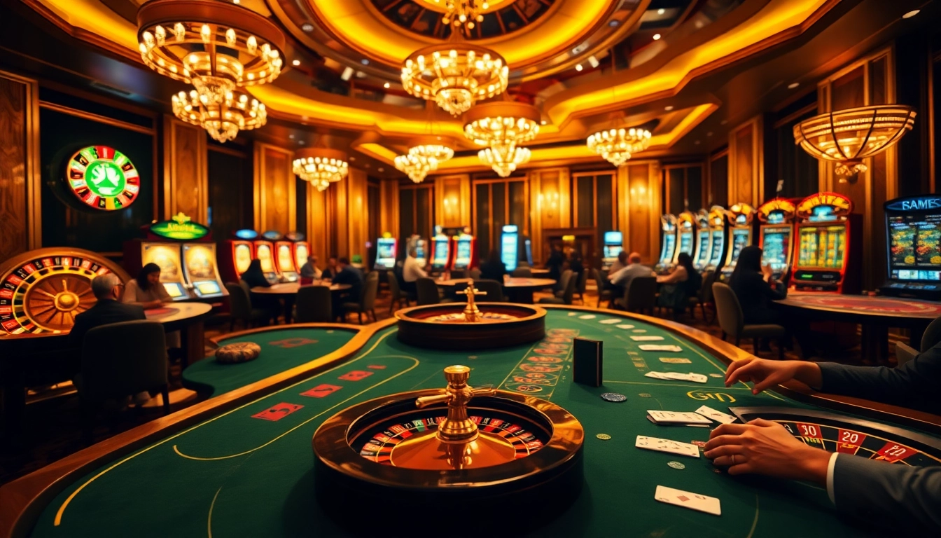 Découvrez l'excitation dans un casino en ligne luxueux, avec des joueurs s'engageant aux tables de poker et aux roues de roulette.